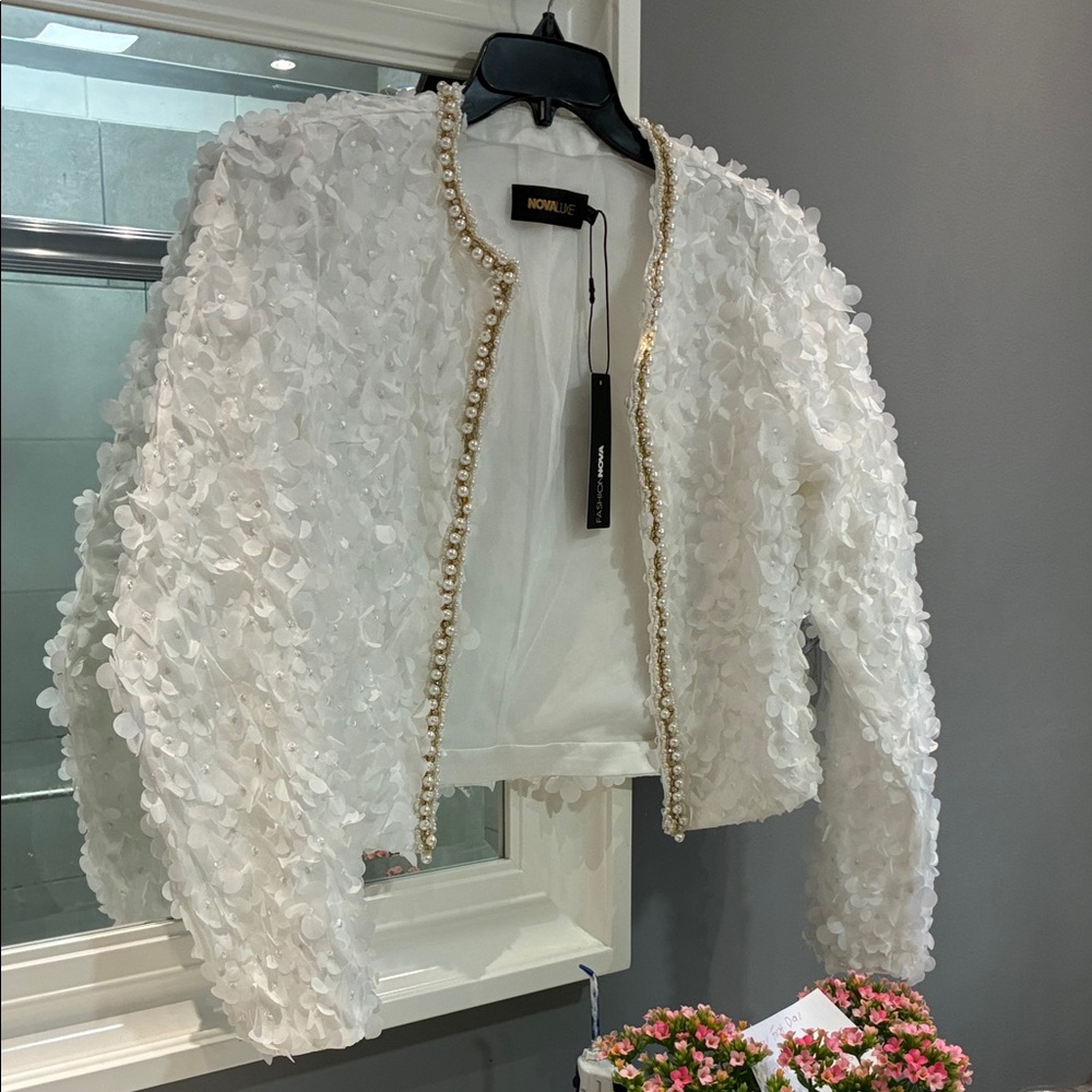Fashion Nova White Floral Appliqué Pearl Trim Jacket